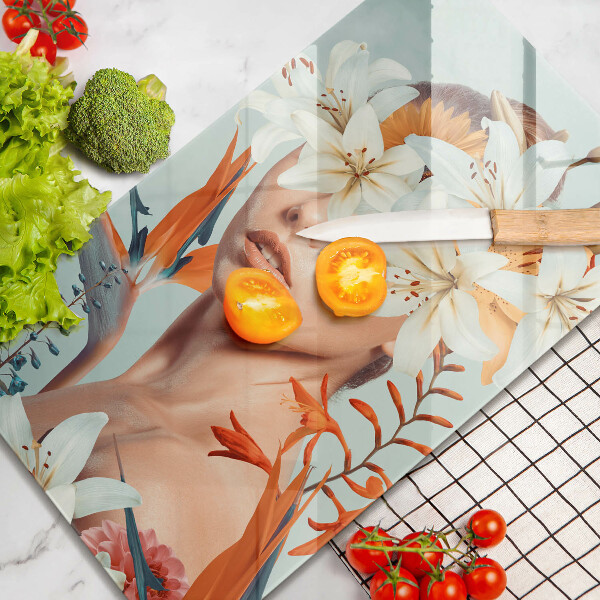 Glass worktop saver A woman in flowers