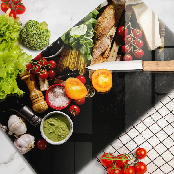 Kitchen chopping board Italian ingredients and spices