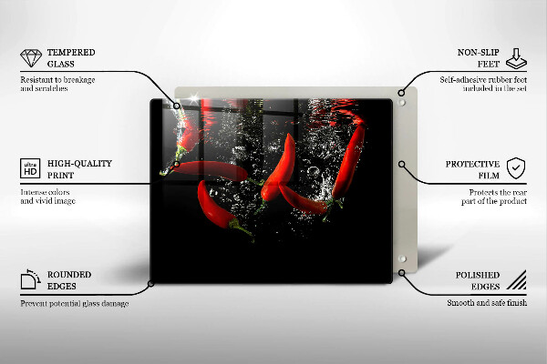 Chopping board glass Chili peppers in water