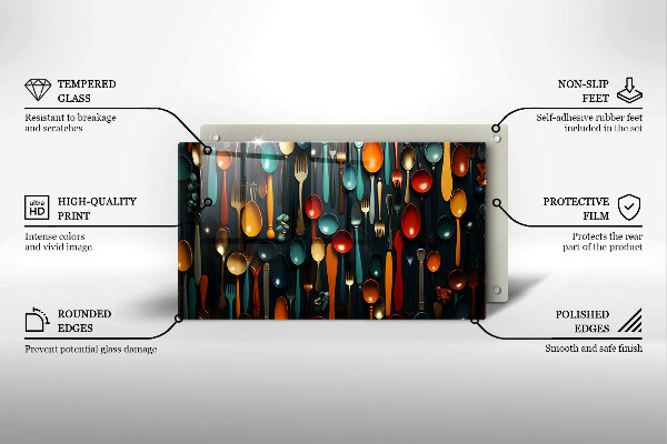 Chopping board Colorful spoons and forks