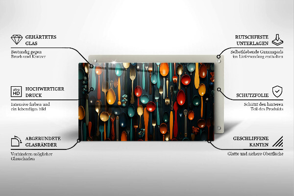 Chopping board Colorful spoons and forks