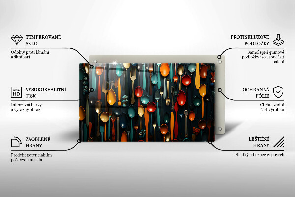 Chopping board Colorful spoons and forks