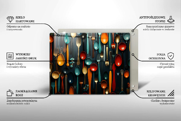 Chopping board Colorful spoons and forks