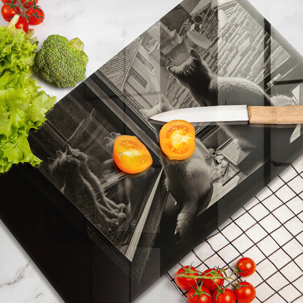 Chopping board glass Cats city and window