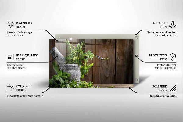 Chopping board glass Herbs plants and wood