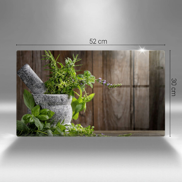 Chopping board glass Herbs plants and wood