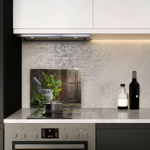 Chopping board glass Herbs plants and wood