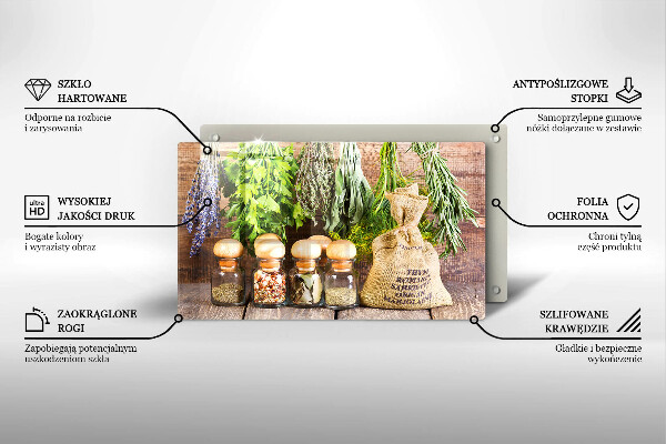 Chopping board glass Herbs spices and wood