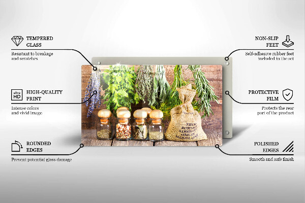 Chopping board glass Herbs spices and wood