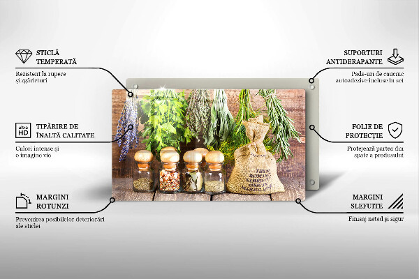 Chopping board glass Herbs spices and wood