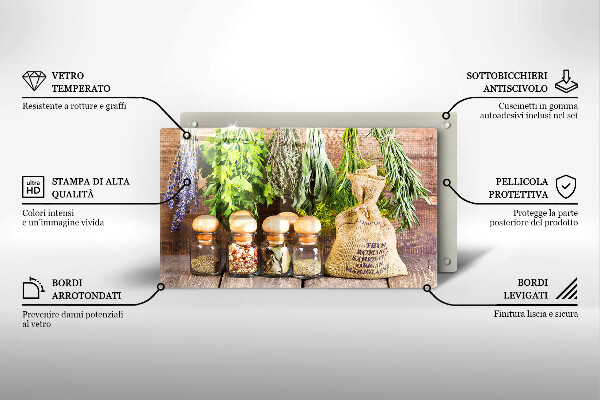 Chopping board glass Herbs spices and wood