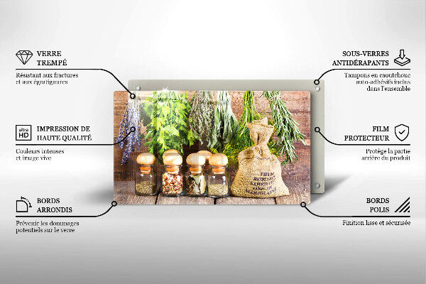 Chopping board glass Herbs spices and wood