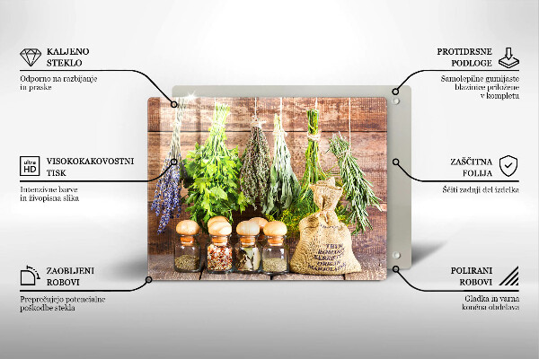 Chopping board glass Herbs spices and wood