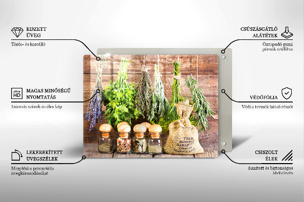 Chopping board glass Herbs spices and wood