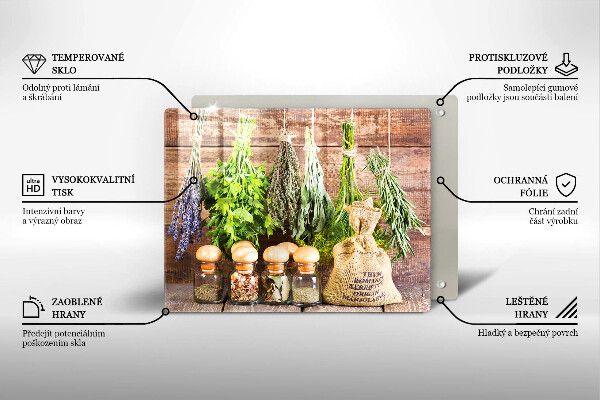 Chopping board glass Herbs spices and wood