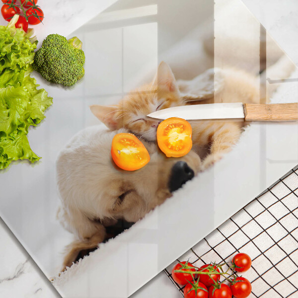 Chopping board glass Animals dog and cat