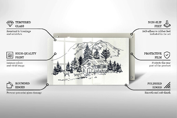 Chopping board glass Drawing a house in the mountains