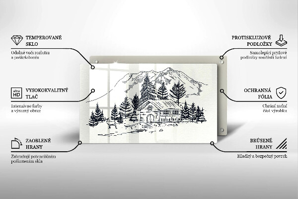 Chopping board glass Drawing a house in the mountains