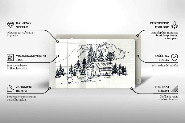 Chopping board glass Drawing a house in the mountains