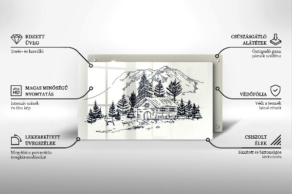 Chopping board glass Drawing a house in the mountains
