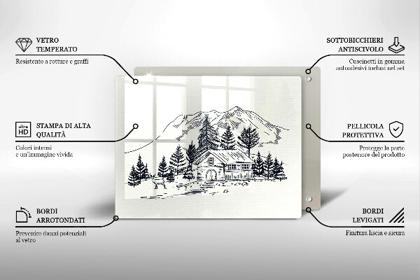 Chopping board glass Drawing a house in the mountains
