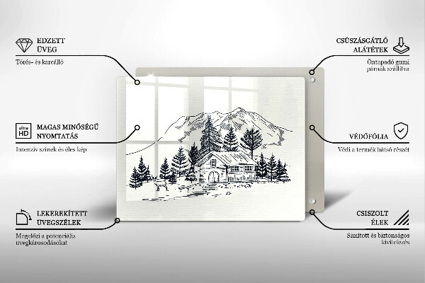 Chopping board glass Drawing a house in the mountains