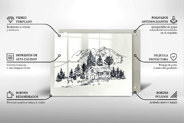 Chopping board glass Drawing a house in the mountains