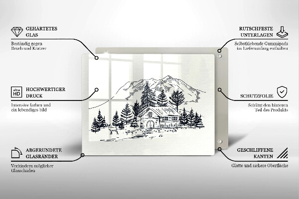 Chopping board glass Drawing a house in the mountains