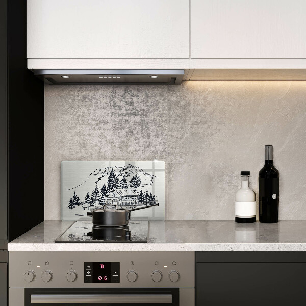 Chopping board glass Drawing a house in the mountains