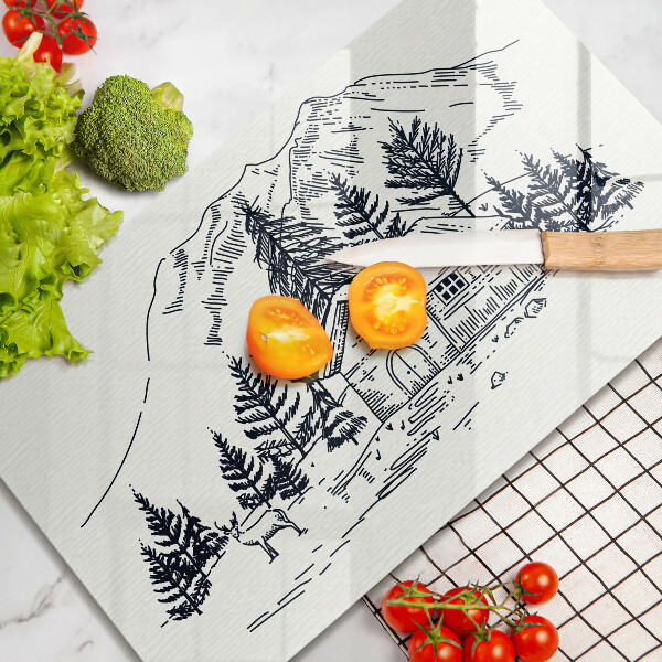 Chopping board glass Drawing a house in the mountains