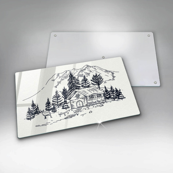 Chopping board glass Drawing a house in the mountains