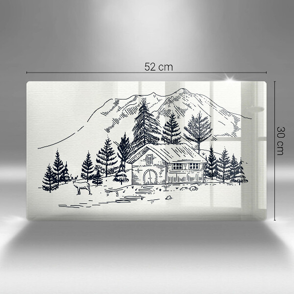Chopping board glass Drawing a house in the mountains