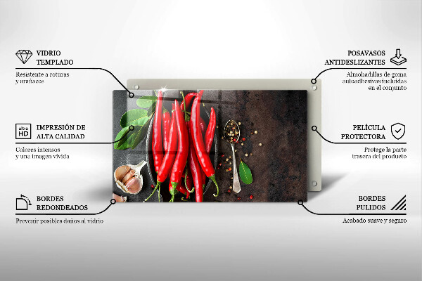 Chopping board glass Red chili peppers