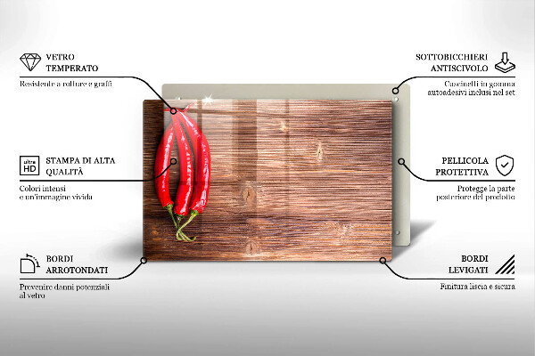 Glass cutting board Chili peppers on wood