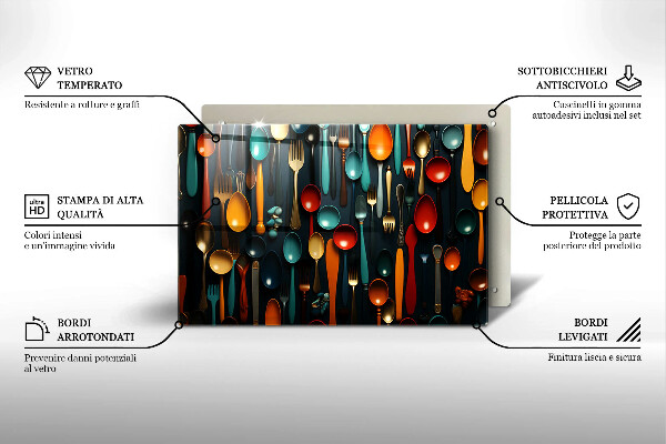 Chopping board glass Colorful spoons and forks
