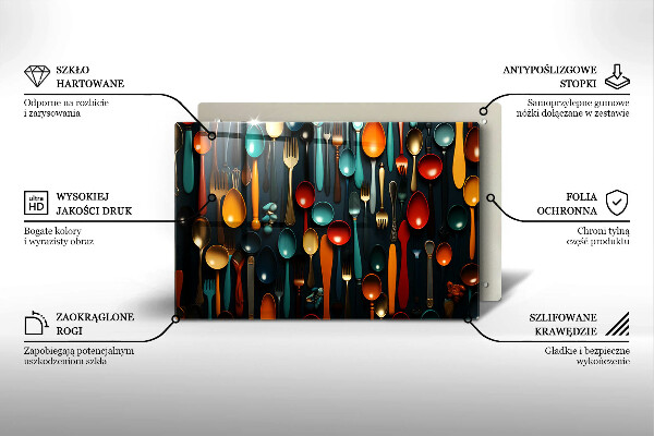 Chopping board glass Colorful spoons and forks