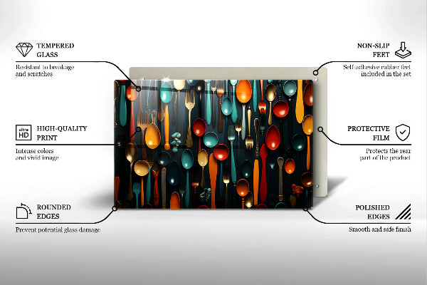 Chopping board glass Colorful spoons and forks