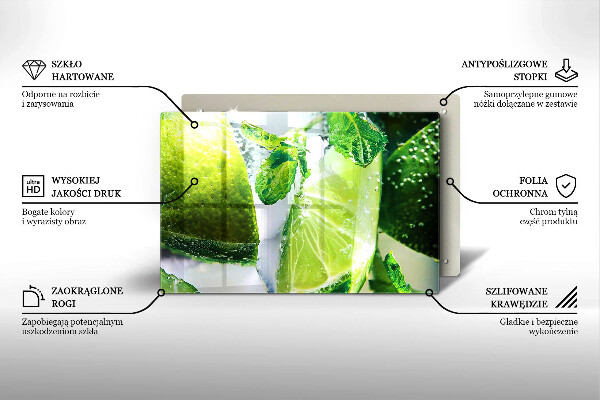 Chopping board glass Water with lime and ice