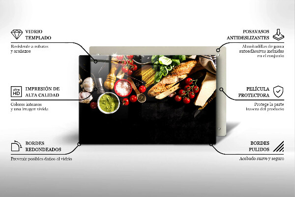 Chopping board glass Italian ingredients and spices