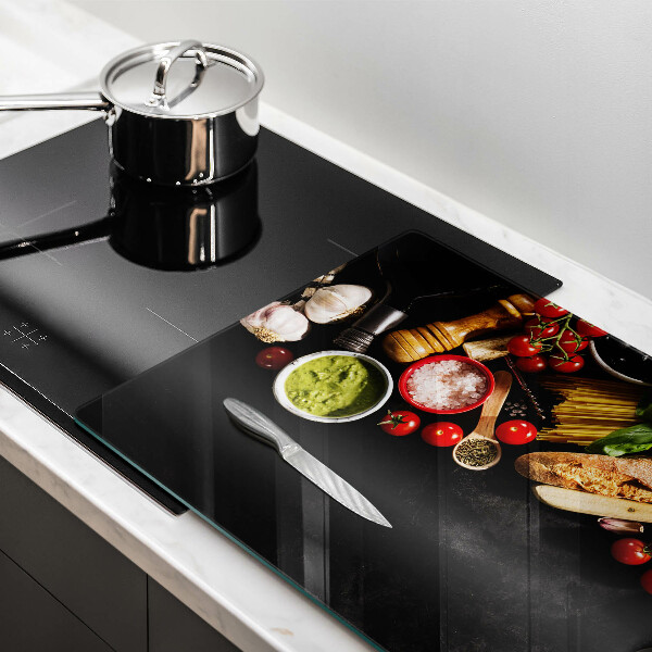 Chopping board glass Italian ingredients and spices