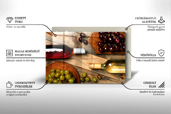 Chopping board glass Bottles of wine and grapes