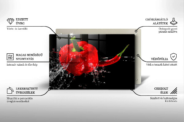 Chopping board glass Red peppers in water