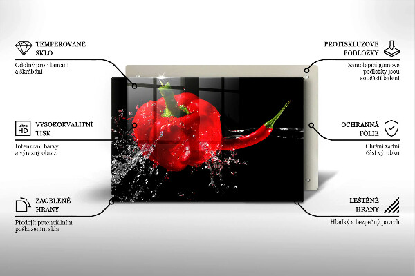 Chopping board glass Red peppers in water