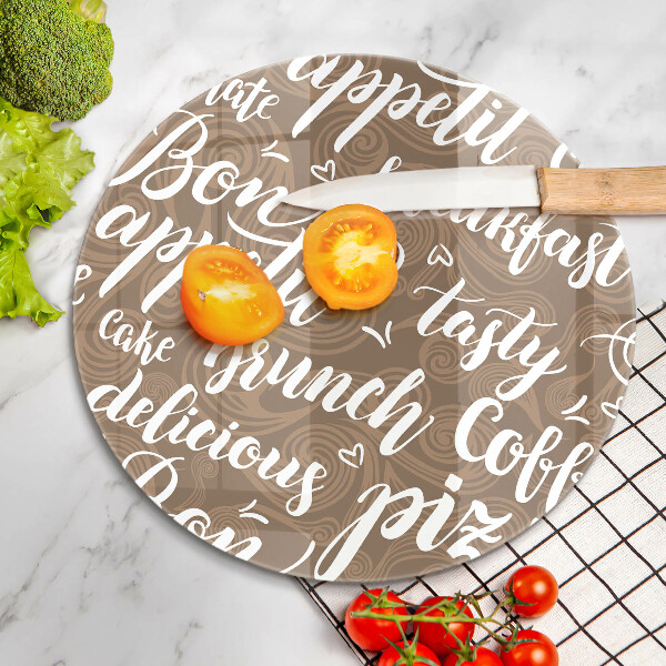 Chopping board glass Text Bon Appetit