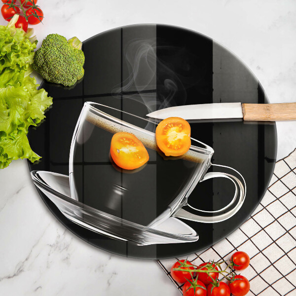 Cutting board A glass of hot coffee