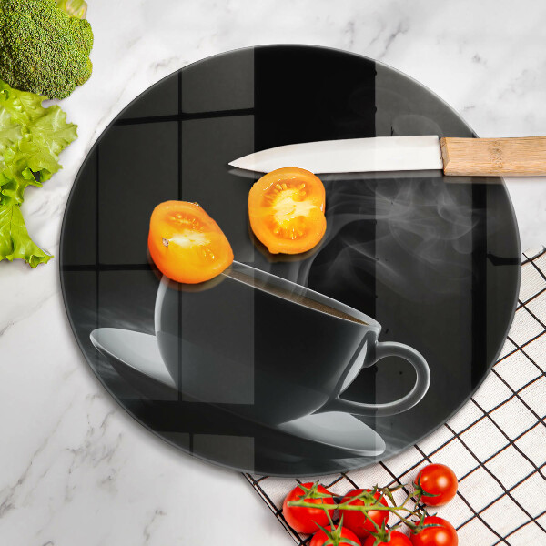 Cutting board Hot cup of coffee