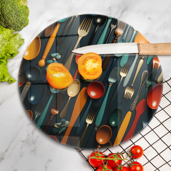 Cutting board Colorful spoons and forks