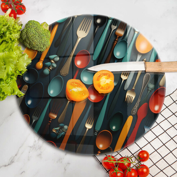 Cutting board Colorful spoons and forks