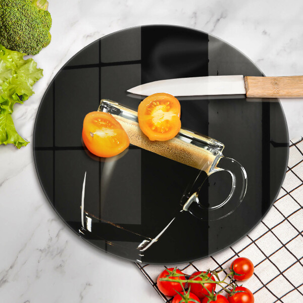 Cutting board A glass of black coffee