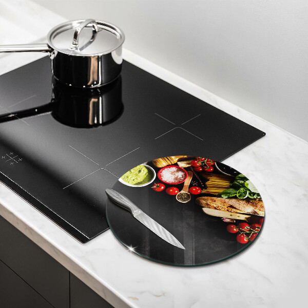 Chopping board glass Italian ingredients and spices